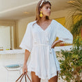 Rayon V neck Lace up Beach Beach Cover Up Seaside Vacation Swimsuit Sun Protection Clothing for Women